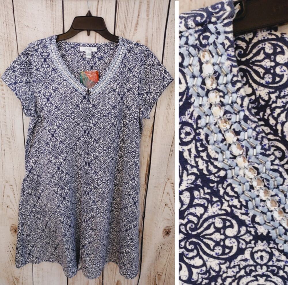 Go Softly NEW Patio Dress in Blue Tile Print Gem & Bead Accents Women Medium